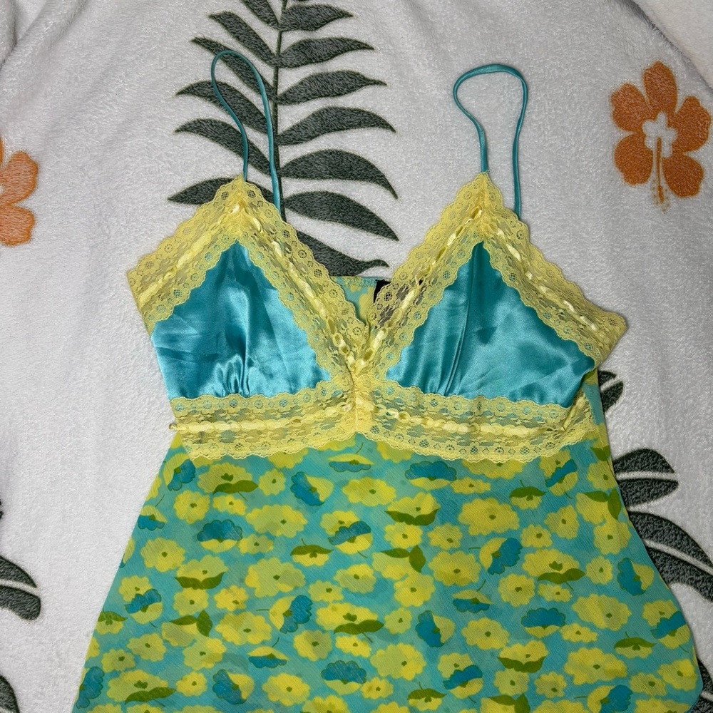 Twik Simons Deadstock Green, Blue and Yellow Cami Lace Asymetric Top With Satin